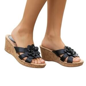 b.o.c. Born Concept Black‎ Floral Cork Wedge Slide Sandals Sz 10 Comfort C64403